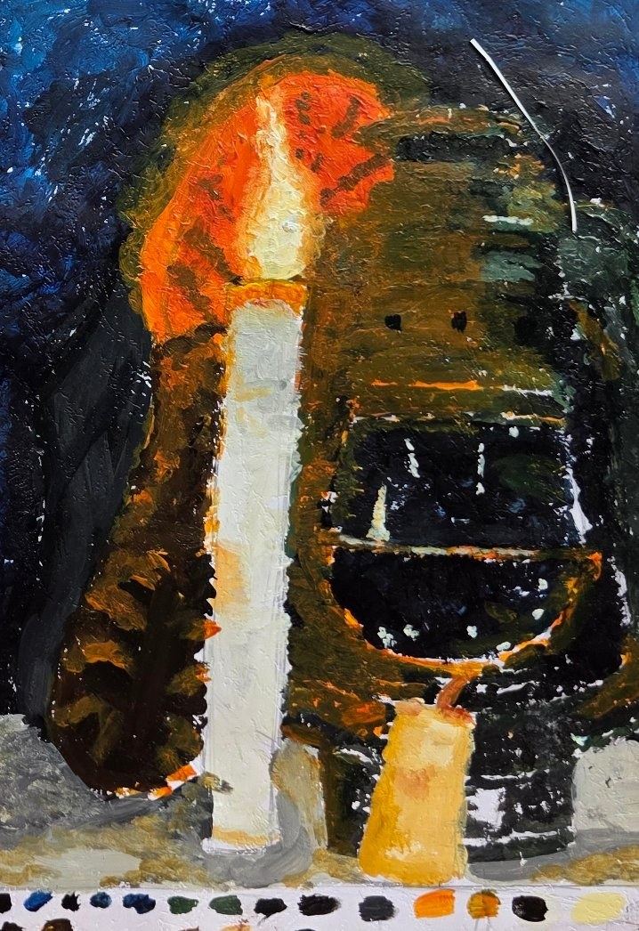 Candle still life - acrylic on dark ground