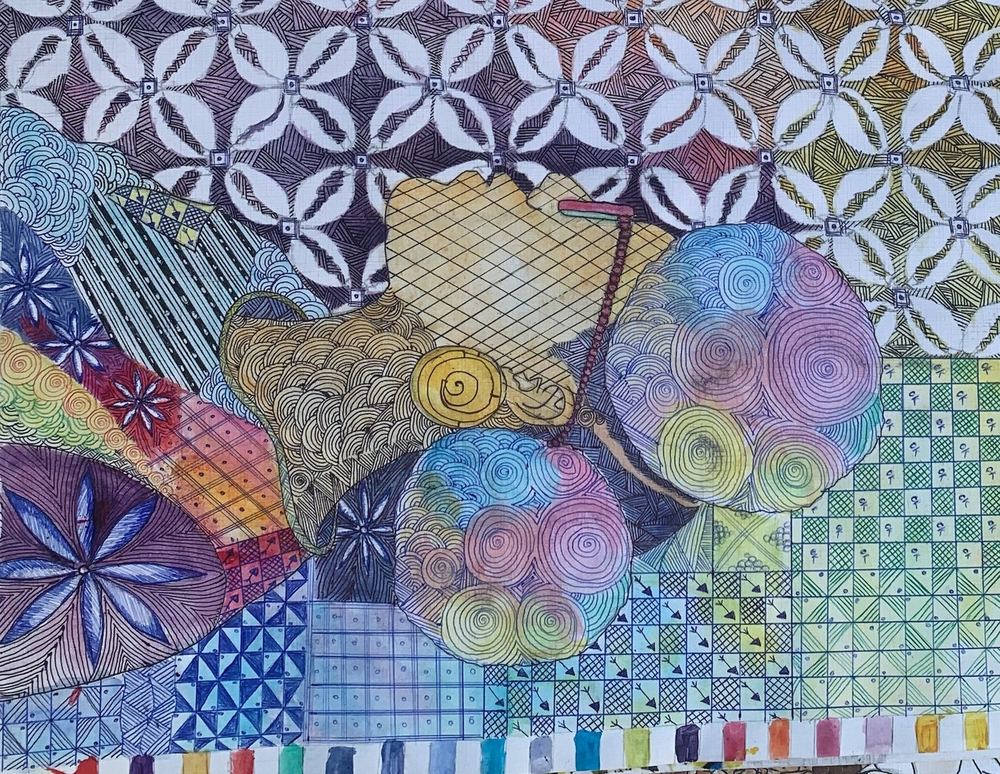 Zentangle pattern study - pen and watercolour