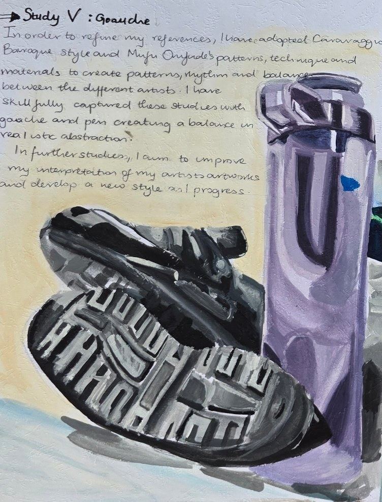 Gouache study - shoe and bottle