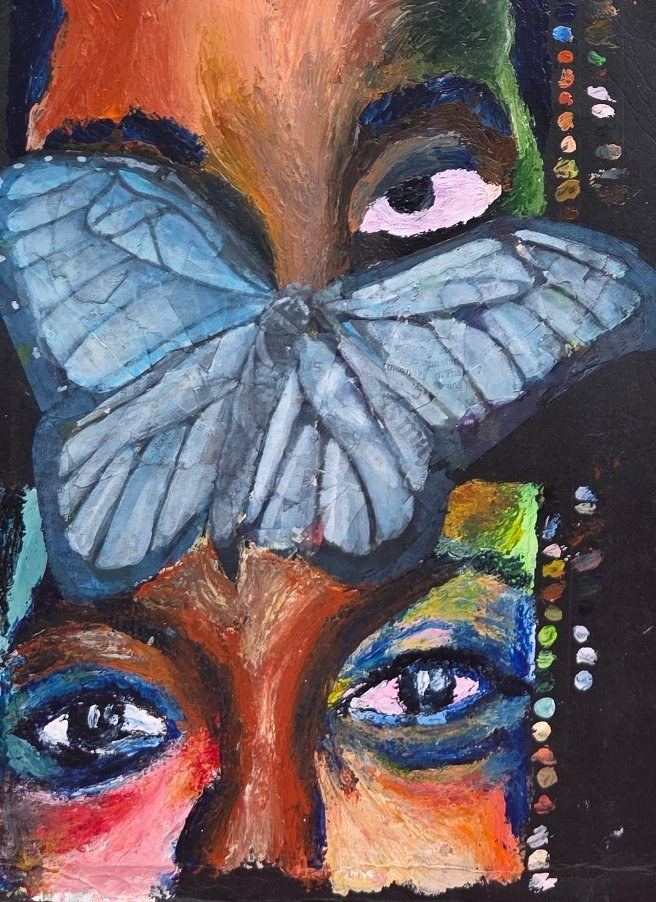 Butterfly and eyes - acrylic on black
