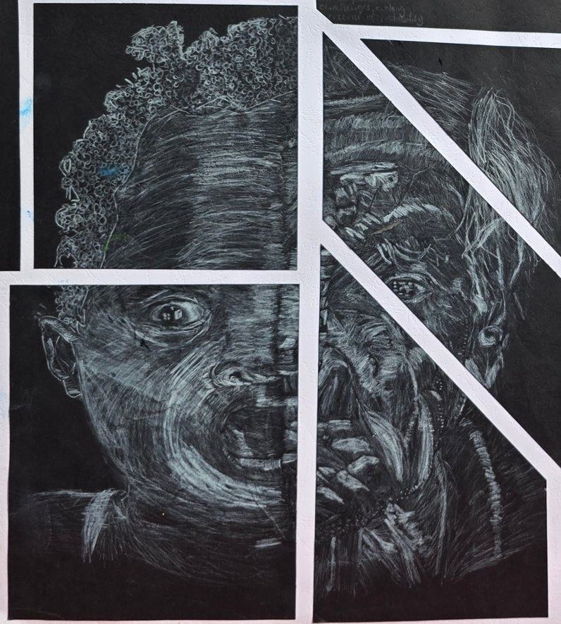White charcoal portraits on black paper