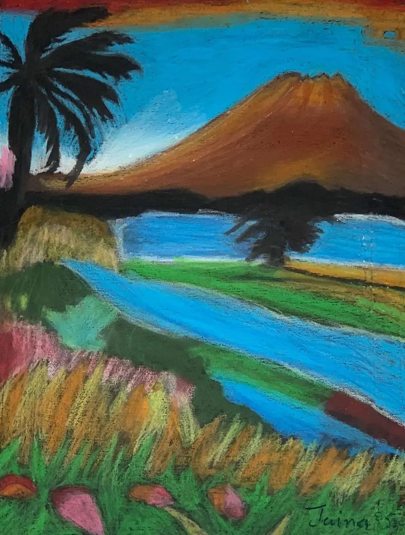 SEN student artwork - vibrant oil pastel landscape with mountain and palm