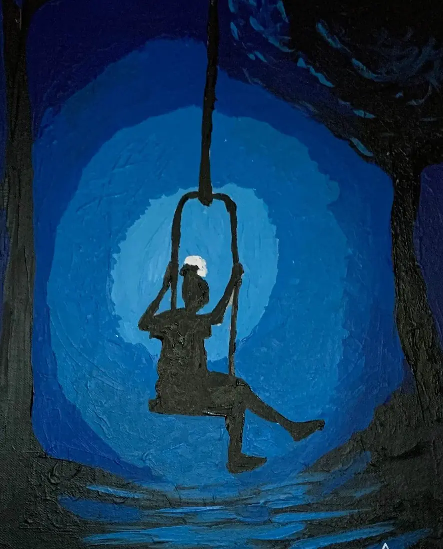 SEN student artwork - figure on a swing, acrylic on canvas