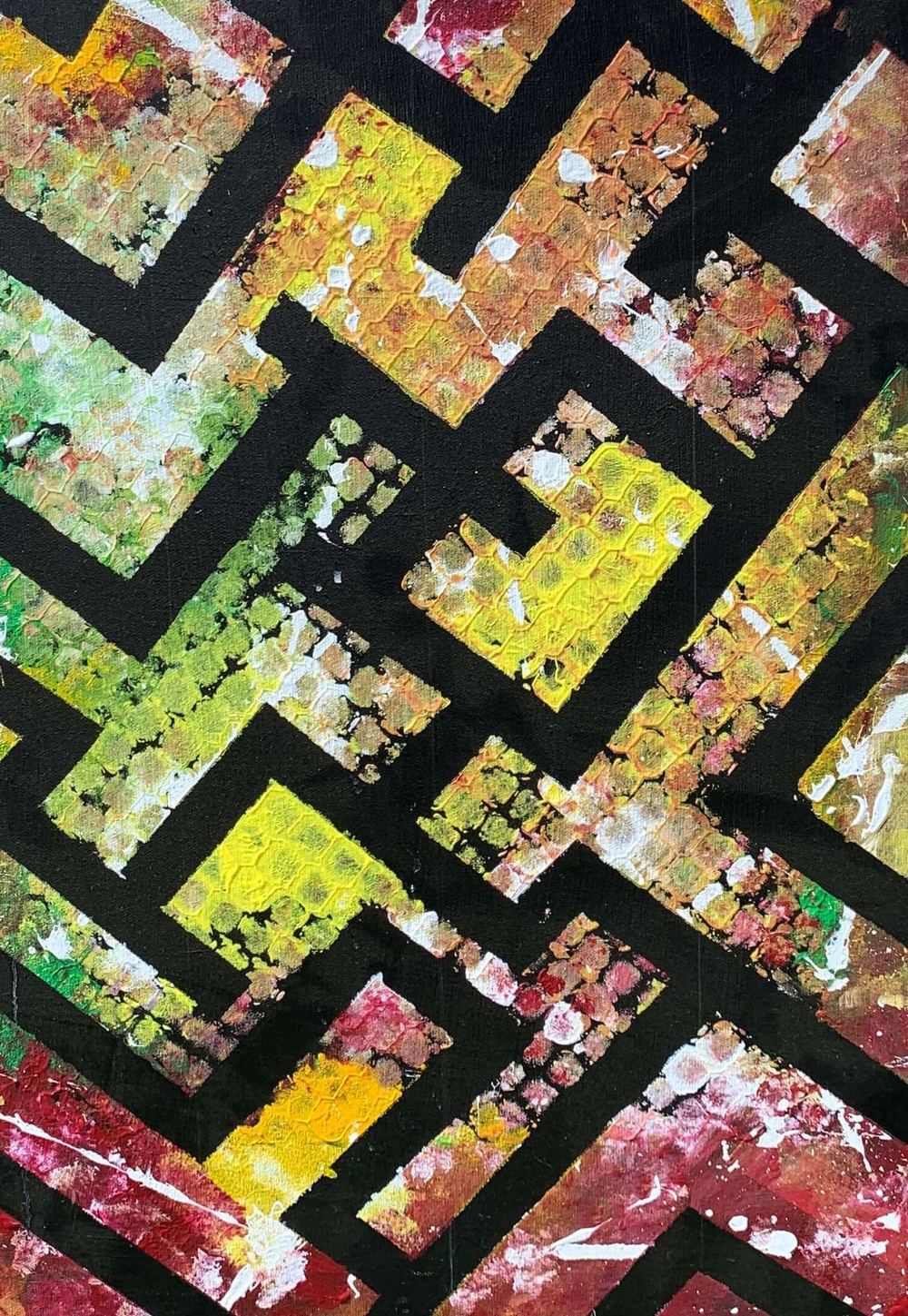 Abstract impasto painting by Femi Kayode - maze motif