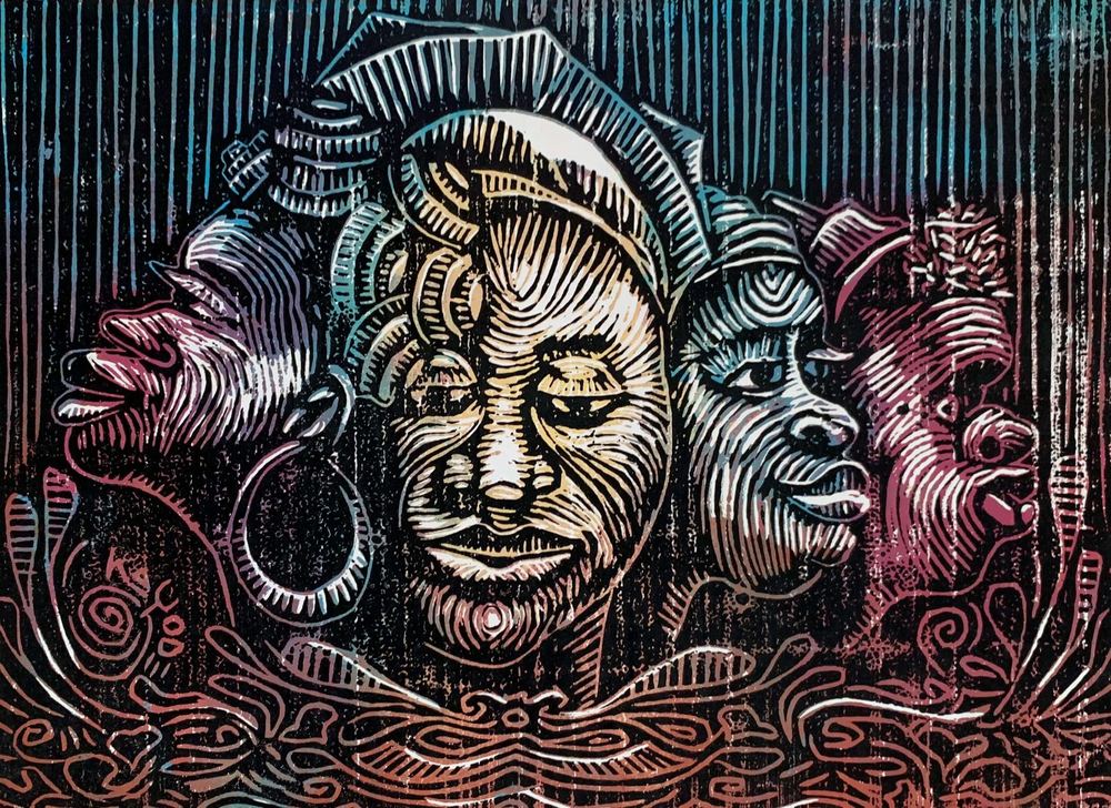 Original woodcut by Femi Kayode - four expressive faces
